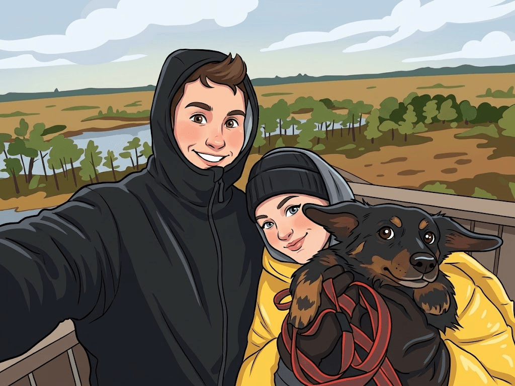 A drawing of Artjom and Arina taking a selfie with their dog on a lookout tower above a bog.